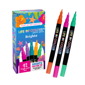 Bright Colours 1mm Fine Tip Acrylic Paint Pens - Set of 12