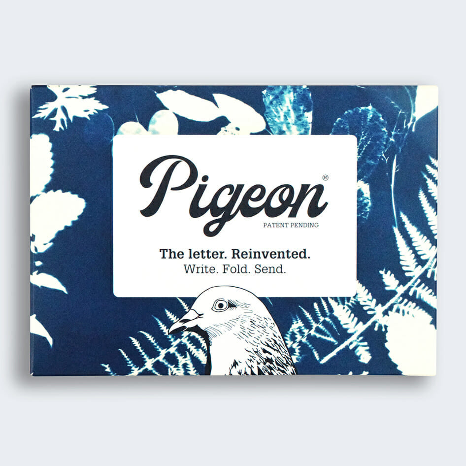 Pigeon letter writing set packaging with blue and white design