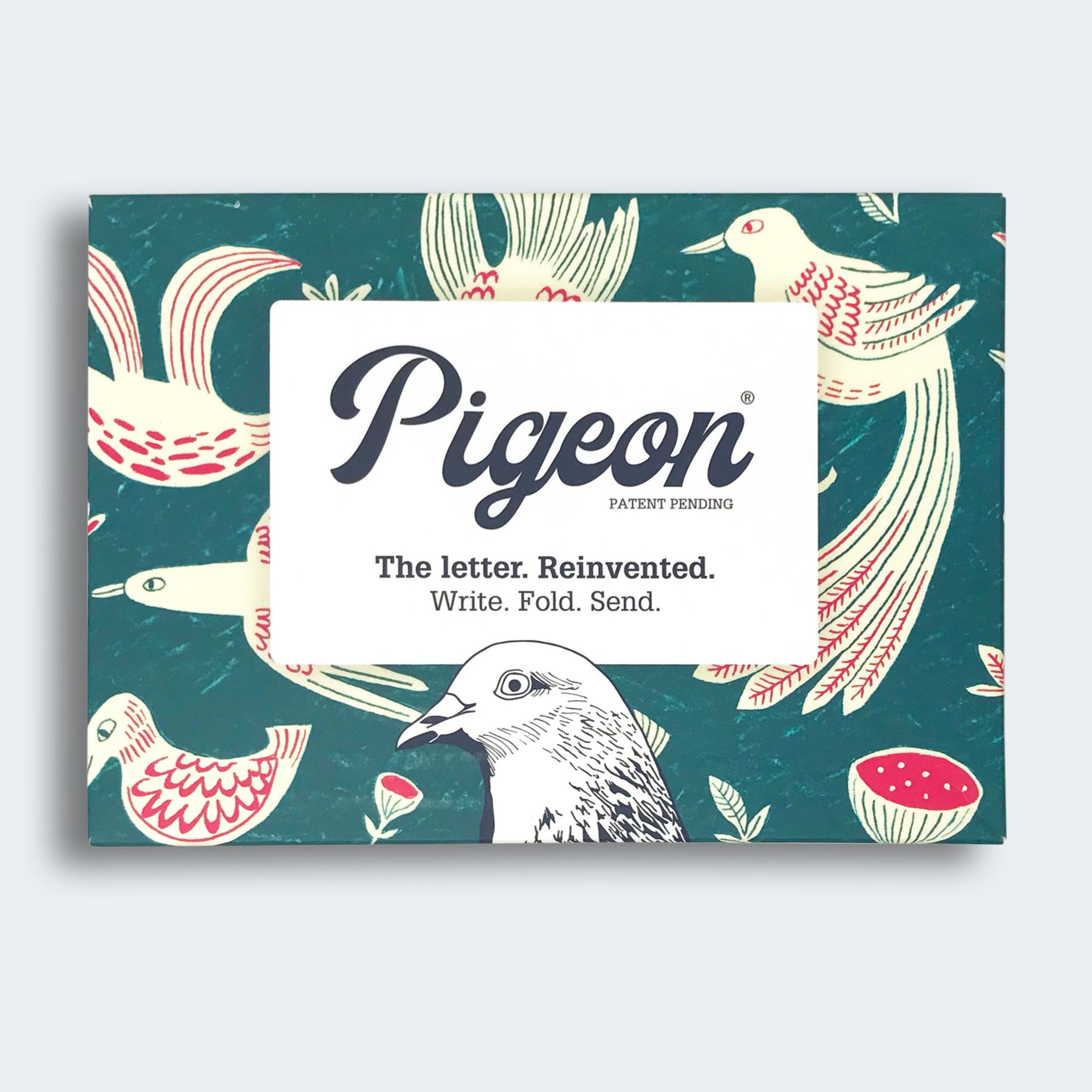 Pigeon product packaging with bird illustrations on a teal background