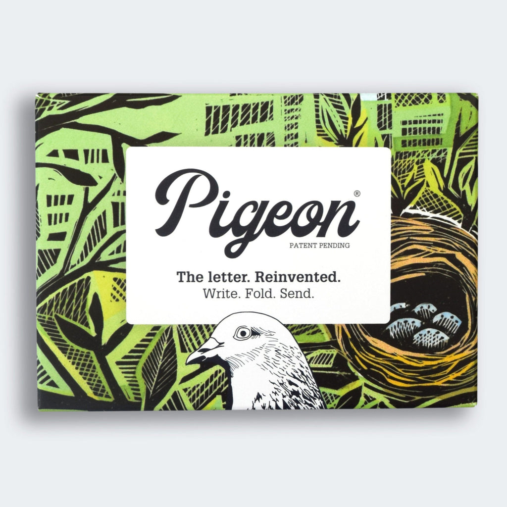 Pigeon letter writing set packaging with green and black design