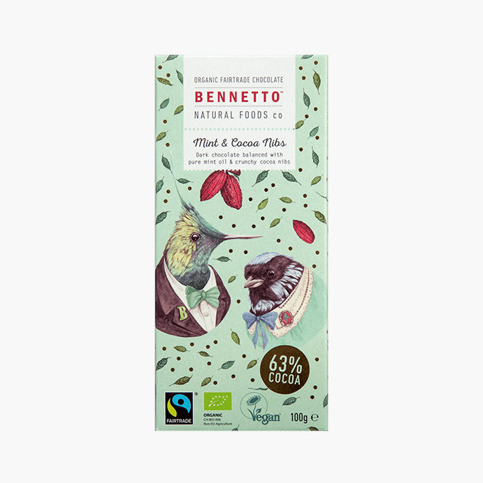 Fair Trade, Vegan, Gluten-Free Chocolate - Mint & Cocoa Nibs by Bennetto, Songbird Australia