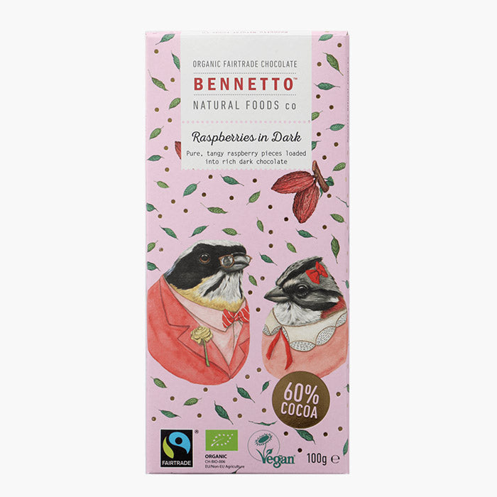 Fair Trade, Vegan, Gluten-Free Chocolate - Raspberry in Dark by Bennetto, Songbird Australia