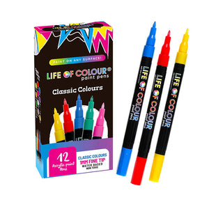 Life of Colour Classic Colours 1mm Fine Tip Acrylic Paint Pens - Set of 12
