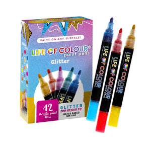 Life of Colour Glitter 3mm Medium Tip Acrylic Paint Pens - Set of 12