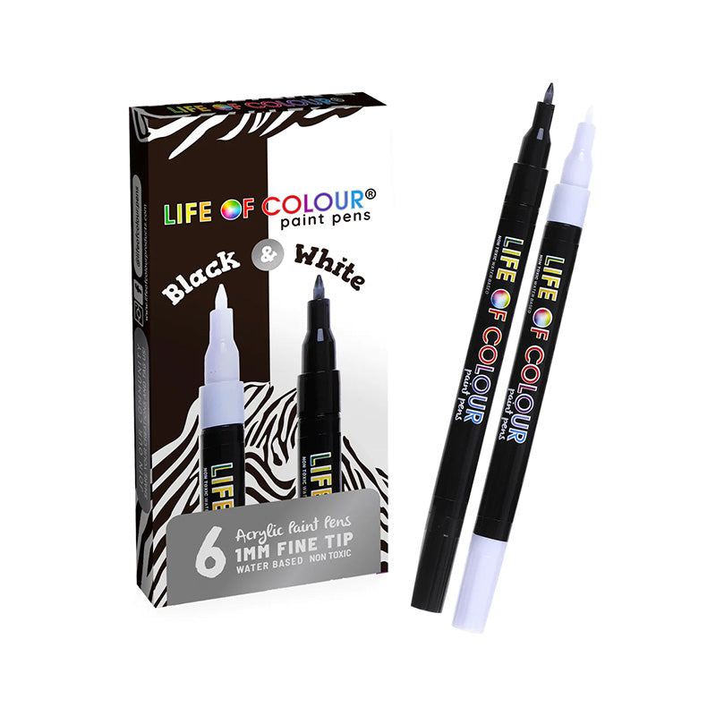 Life of Colour Black and White 1mm Fine Tip Acrylic Paint Pens - Set of 6