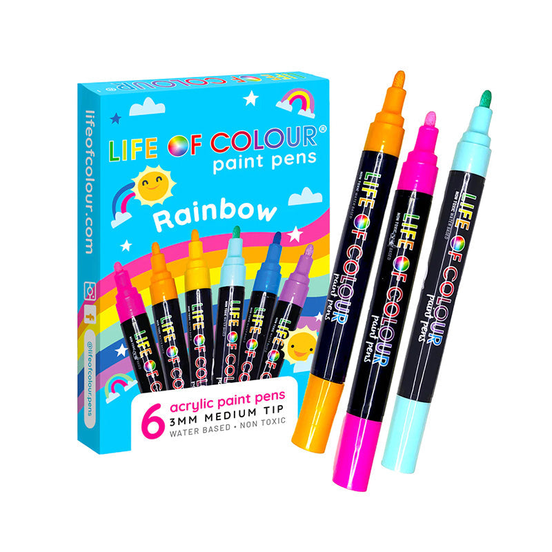 Life of Colour Rainbow Colours 3mm Medium Tip Acrylic Paint Pens - Set of 6