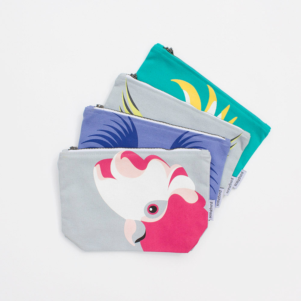 Cockatoo Family Handy Pouch - Galah, Palm Cockatoo, Cockatiel, Sulphur-Crested Cockatoo