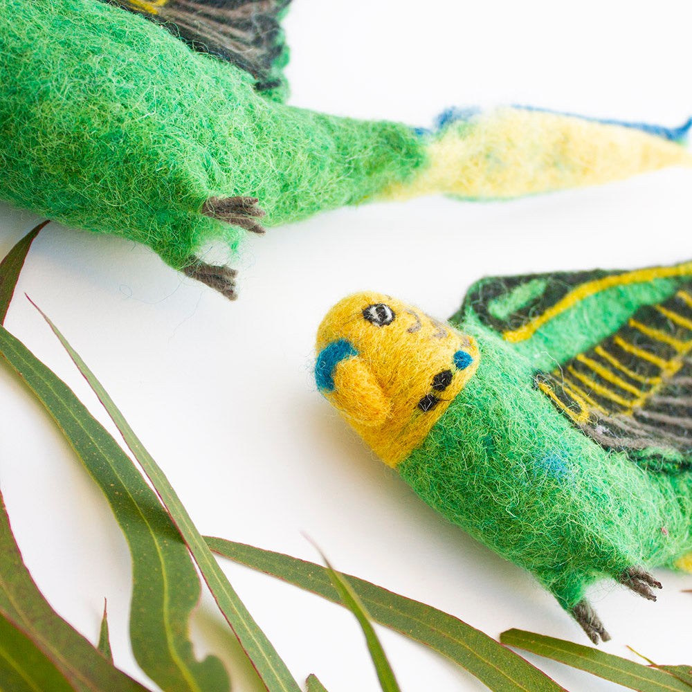 Flying Budgie Trio, Green, by Sew Heart Felt UK, Gifts & Jewellery for Bird lovers, Songbird Collection Australia