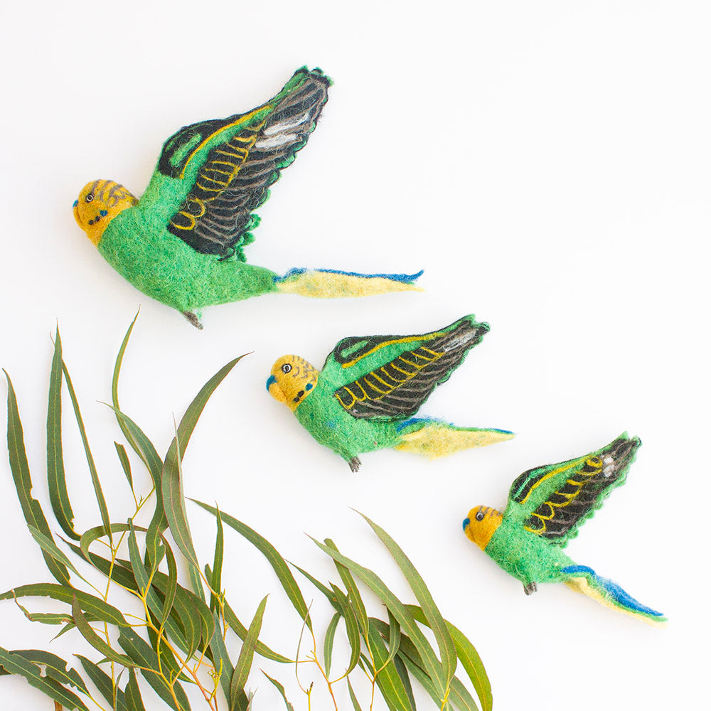 Flying Budgie Trio, Green, by Sew Heart Felt UK, Gifts & Jewellery for Bird lovers, Songbird Collection Australia